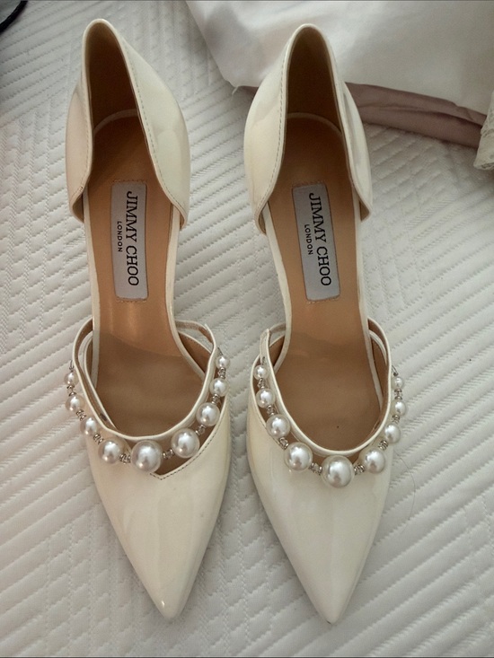 Jimmy Choo Shoes - Jimmy Choo Ivory Patent Pointed-Toe Heels with Pearl Strap